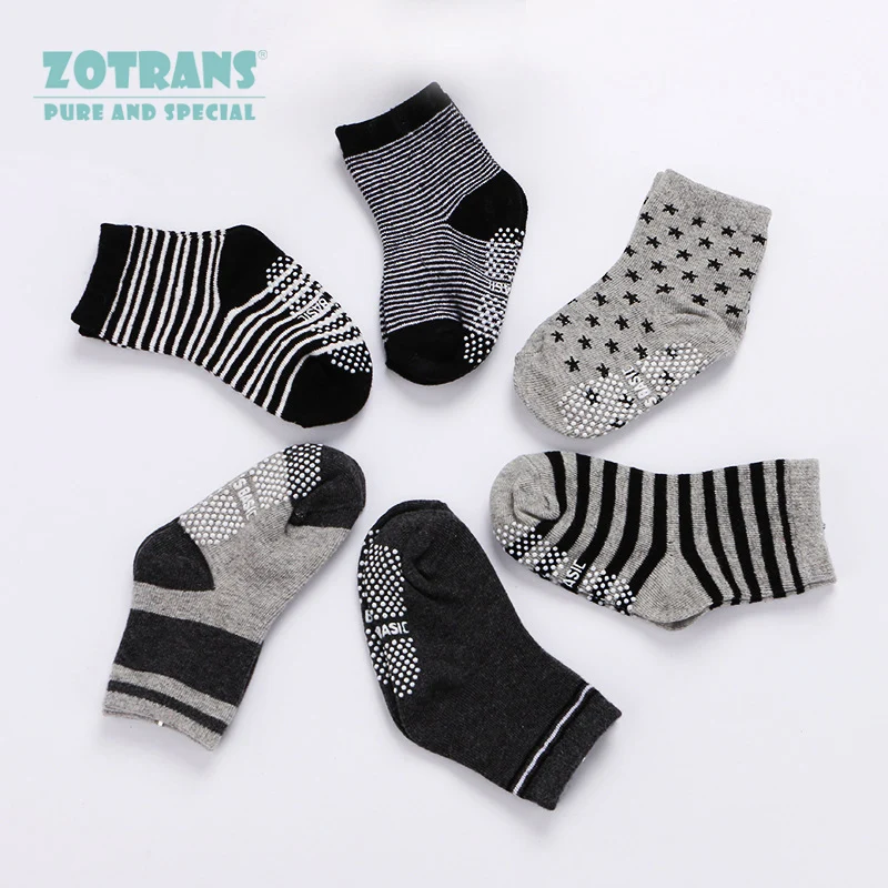 

A Pair Baby Boys Sock Non-slip Socks Spring Autumn Cotton Sock Infant Black Grey Striped Toddler Sock For Boys 1-3Months