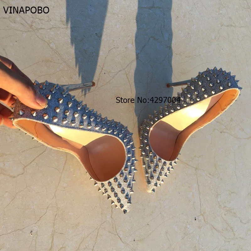 Vinapobo Glitter Spikes Women Fashion Shoes Studded Rivets Silver High Heels Lady Shoes stiletto pumps shoes plus size 35-43