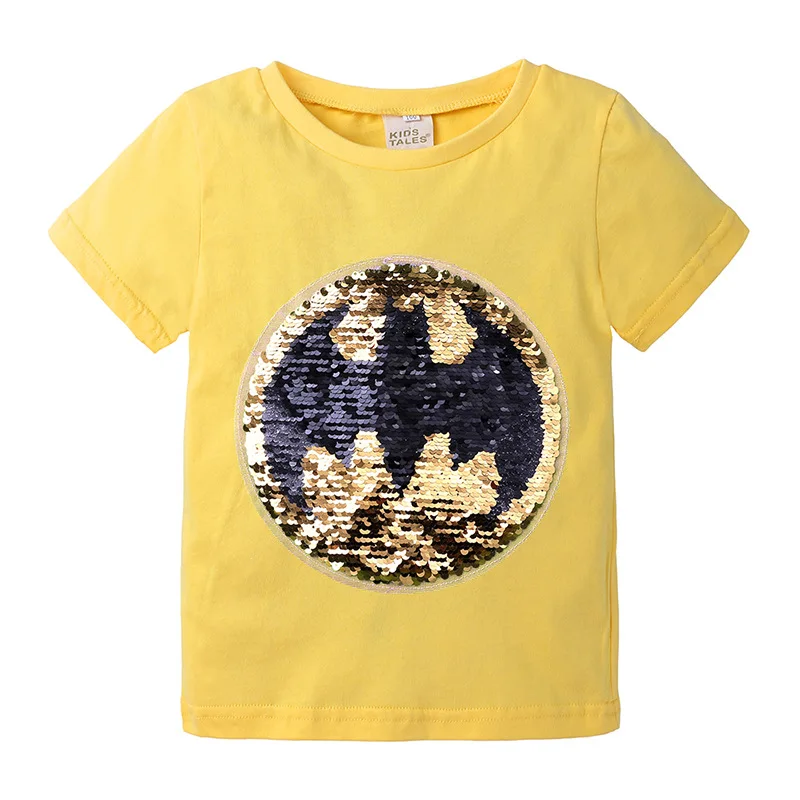 Г. Новая летняя футболка для мальчиков футболка с короткими рукавами и блестками с изображением Бэтмена и Супермена хлопковая Детская футболка с круглым вырезом, одежда для мальчиков