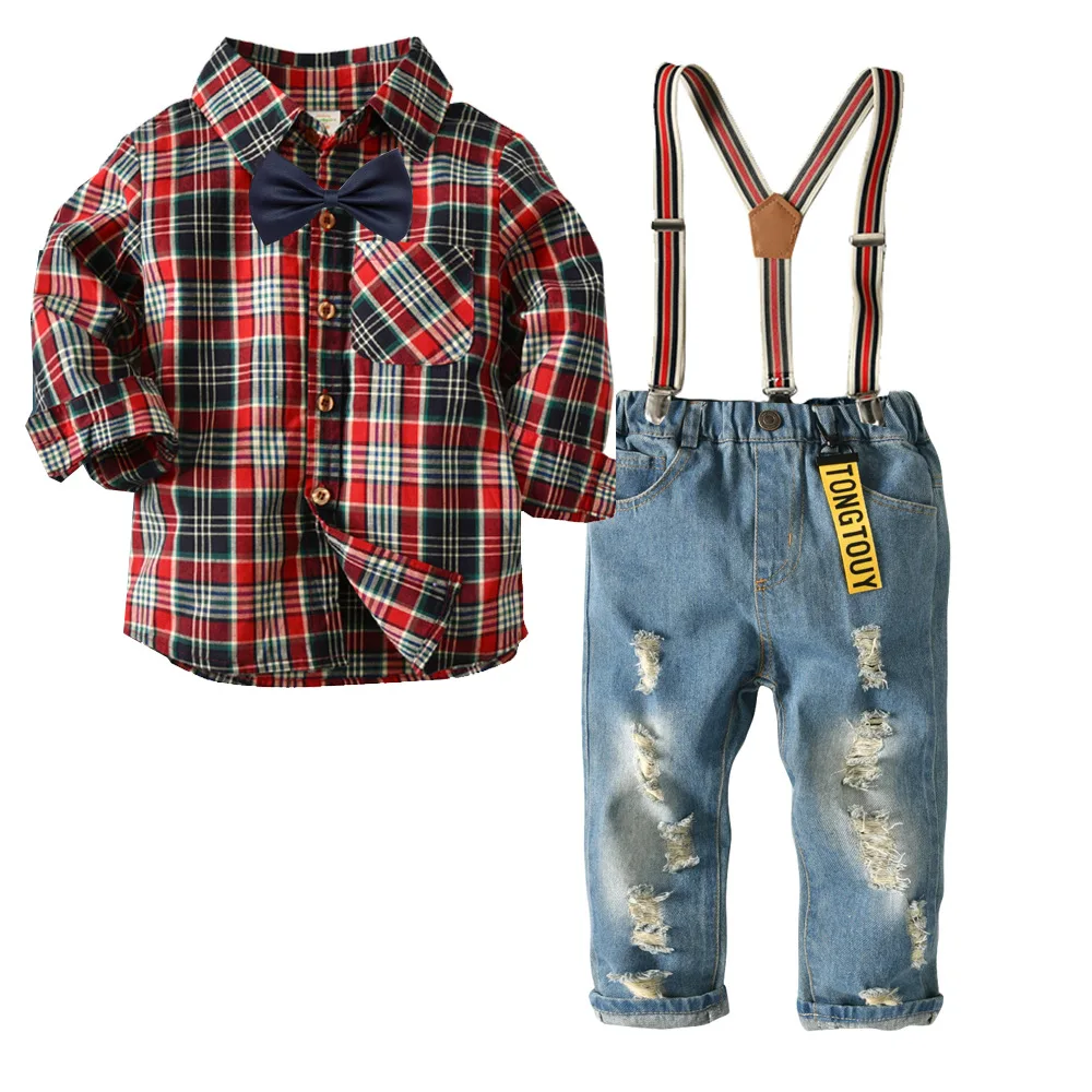 

HI&JUBER Baby Boy Clothes Long Sleeve Cotton Plaid Tie Shirt Tops+ Jeans Suit Children Clothing Set Kids Spring Autumn Clothes