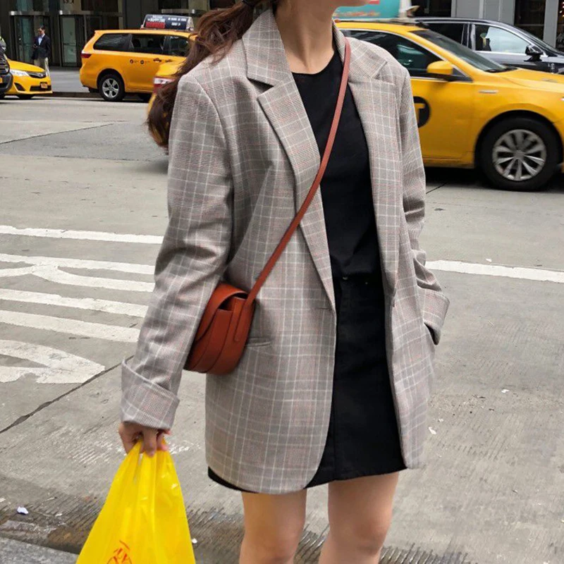 Fashion Single Button Plaid Blazer Long Sleeve Office