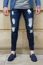 Для мужчин; рваные узкие Байкер Джинсы для женщин уничтожены Изношенные Slim Fit джинсовые штаны узкие отверстия лодыжки Длина Мотобрюки