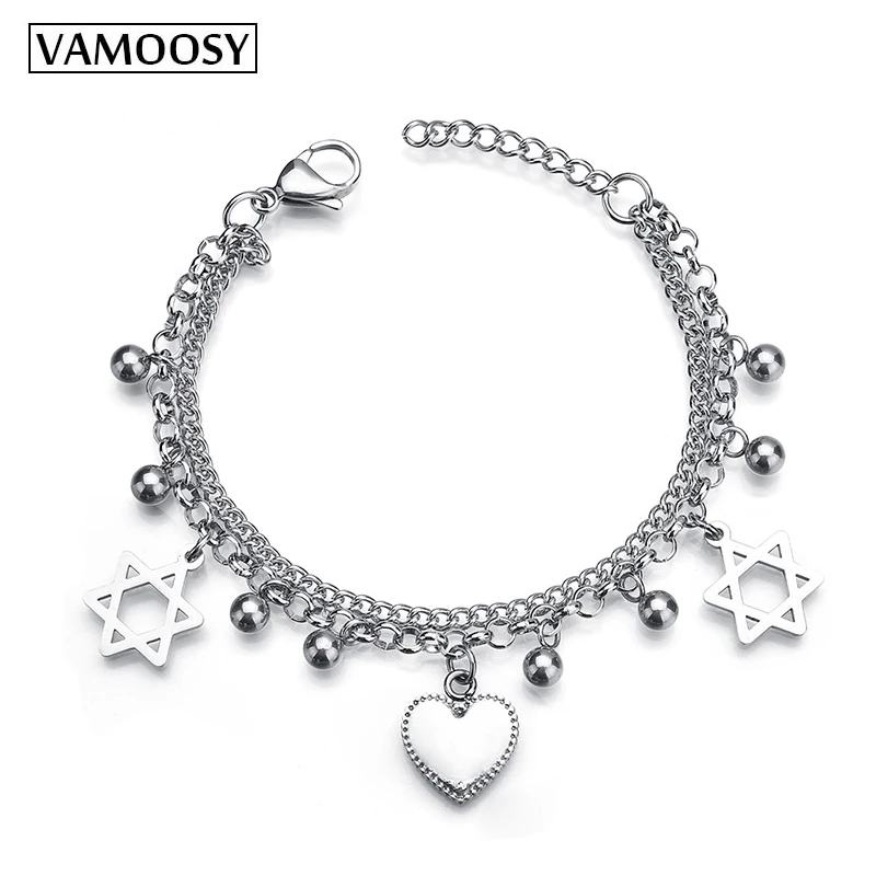 

Hexagram Star of David Love Charms Link Chain Stainless Steel Bracelets for women charm bracelet 2018 new fashion Silver Gifts