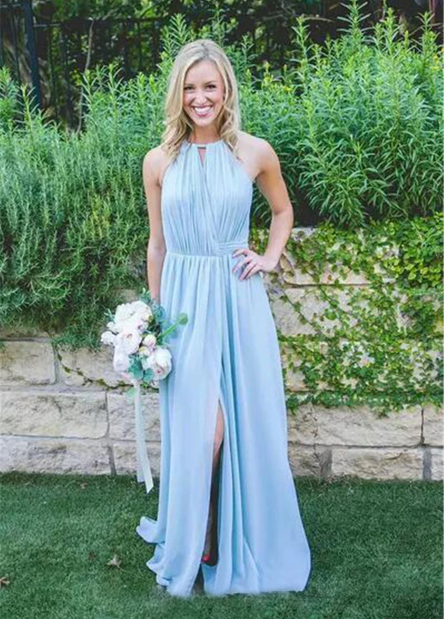 

Charming Mint Blue Chiffon Bridesmaid Dresses 2019 Off The Shoulder Side Split A Line Summer Wedding Party Gowns Robe De Soiree