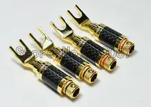 Free shipping 4Pc Copper Gold Plated Carbon Fiber Speaker Cable Spade Terminal Connector