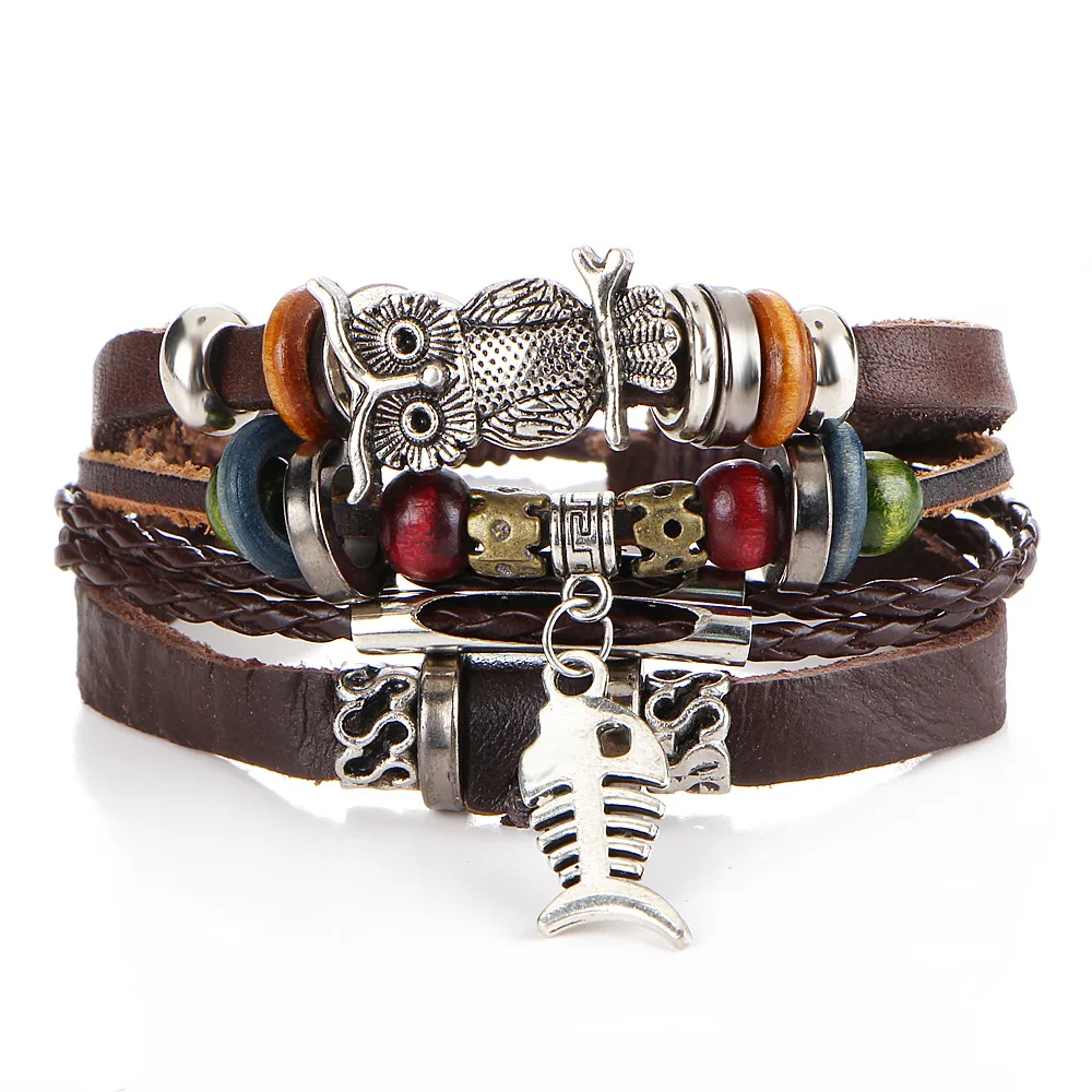 Punk Design Turkish Owl Bracelets For Men Woman New Fashion Wristband Female Leather Bracelet Stone Vintage Jewelry | Украшения и