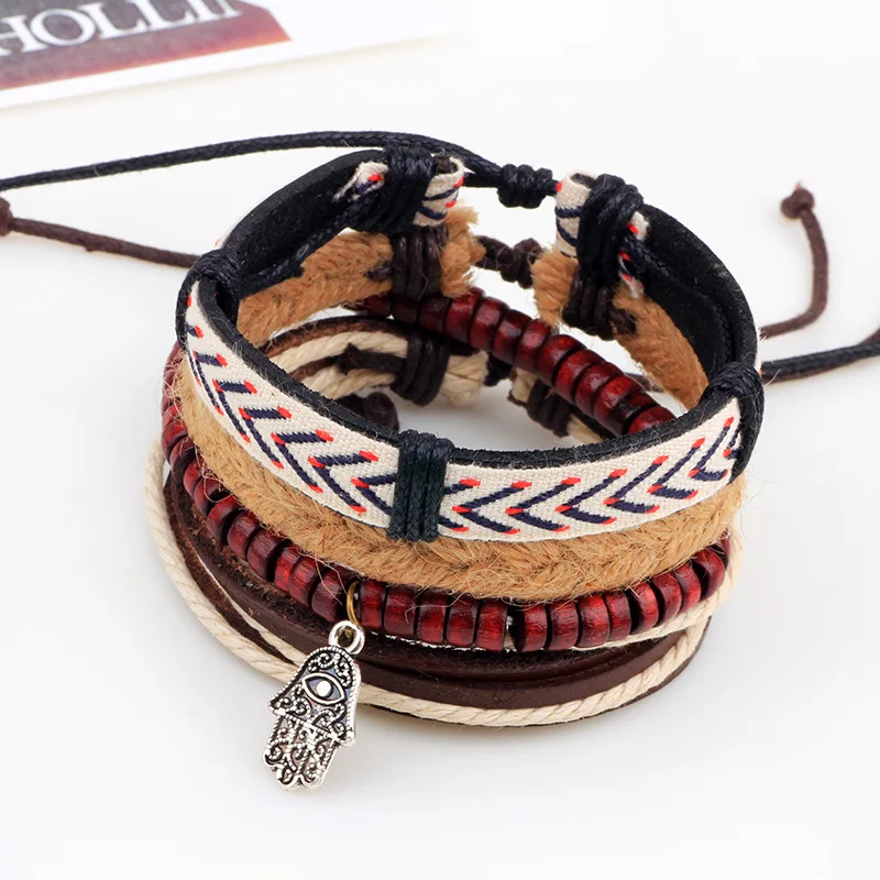 

4pcs/set Boho Gypsy Hippie Punk Brown Black Leather Old Silver Color Hand Hamsa Charm Wooden Beads Beige Cord Bracelets for Man
