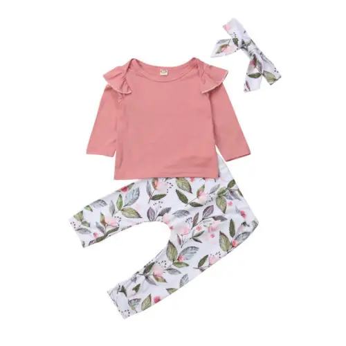 Baby Girls Cotton Tops T shirt Long Sleeve Pants Headbands 3pcs Clothes