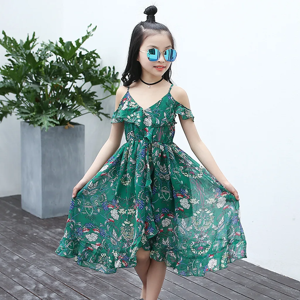 

Summer New Fashion Kids Teen Children Girls Floral Ruffles Off Shoulder Bohemia Beach Dress Clothes Wholesale