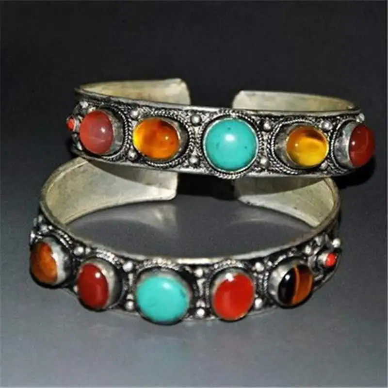 BB 114 Tibetan Silver inlaid colorful beads bangle,Nepal Vintage