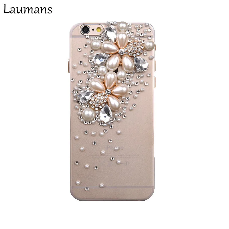 

Dirt-resistant Phone Cases For Iphone 6/6s Case Top Quality Pearl Flower 3D Bling Rhinestone Crystal Hard Back Phone Case