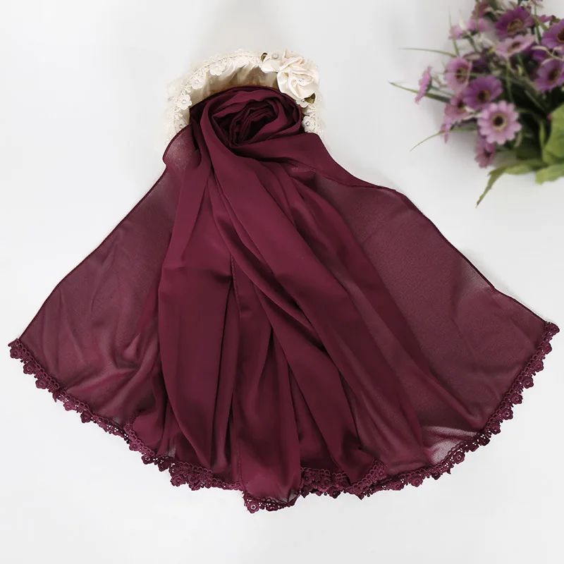 

20 Colors 180*75Cm Plain Solid Lace Chain Instant Bubble Chiffon Shawl Ladies Fashion Scarfs and Wraps Hijab Muslim Bonnet Snood