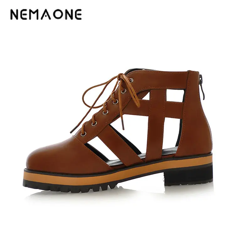 

NEMAONE New summer ladies western style cut-outs lace up mid heels shoes large size 34-43