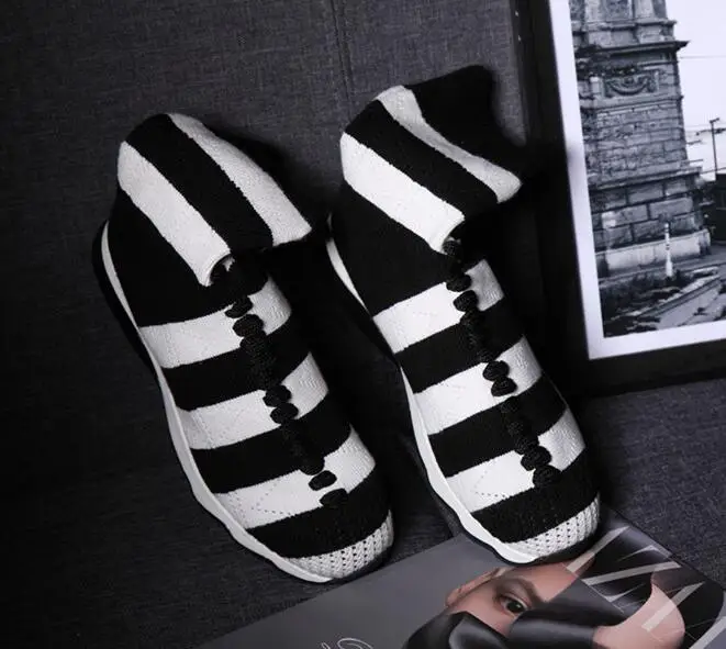 

Euro Fashion Women Flats Wool Knitting Boots Shoes Woman Striped Flats Casual Shoes Stretch Fabric Zapatillas Mujer Woman Botas