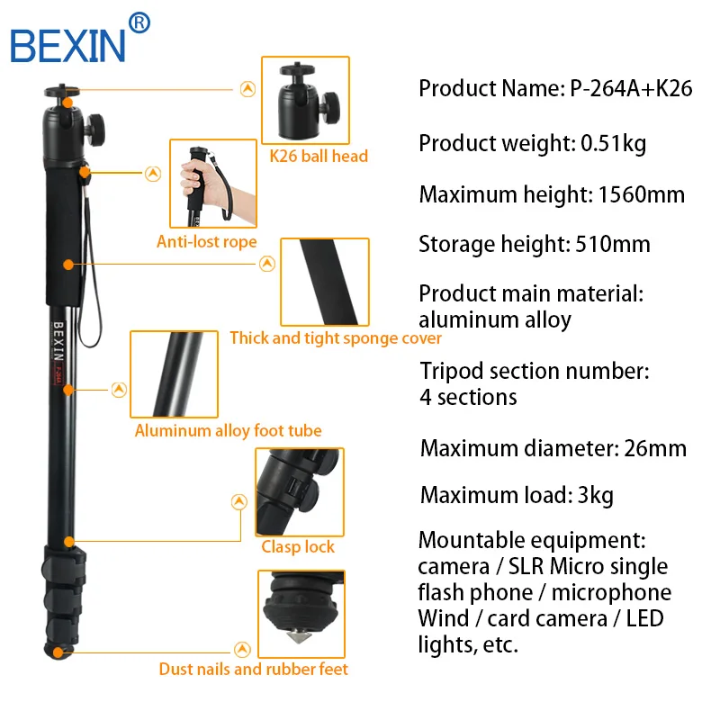  BEXIN Telescopic handheld Pole Walk Stick lightweight video dslr camera stand ball head monopod uni