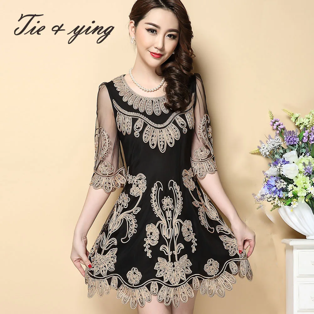 Black mesh embroidery dress new arrival woman fash...