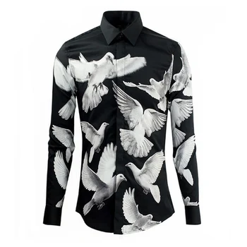 

Unique Design Peace Pigeon Pattern Shirts Men Brand Quality Cotton Long Sleeve Fashion Turn Down Collar Royal Shirt Male Cloth