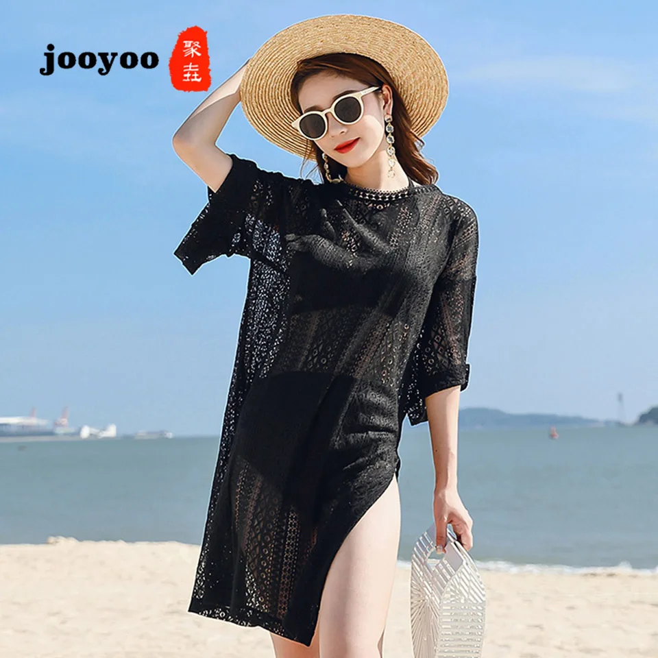 

Bikini Blouse Female Summer Seaside Vacation Swimsuit Jacket Openwork Lace Long Section Outside Beach Sunscreen Clothing jooyoo