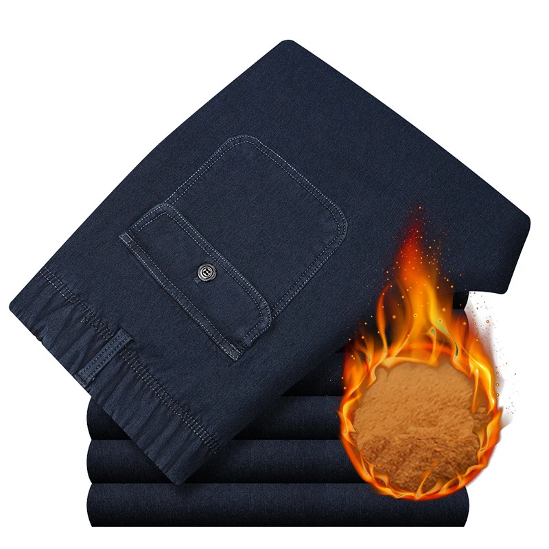 

Winter warm with velvet thicken elastic waist middle-aged men jeans loose straight casual jeans Male Solid Fleece Denim trousers