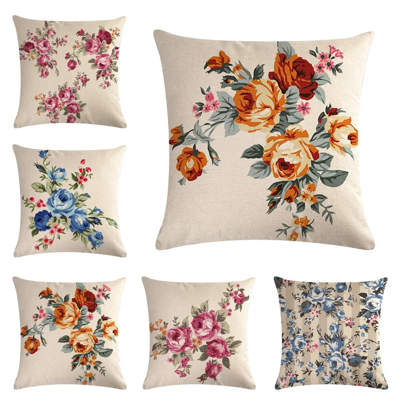 

Colorful Flower Cushion Cover Cotton Linen Pilow Covers Home Decor 45x45cm Throw Pillowcase For Sofa Bed