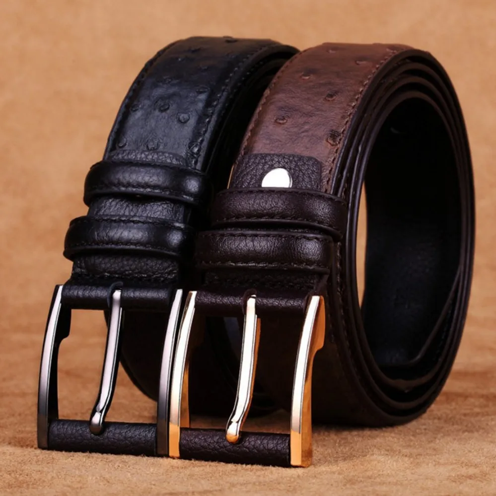 Men Casual Genuine Leather Belts Black Brown Stitch Patchwork Male Belt Golden Silver Buckle ...