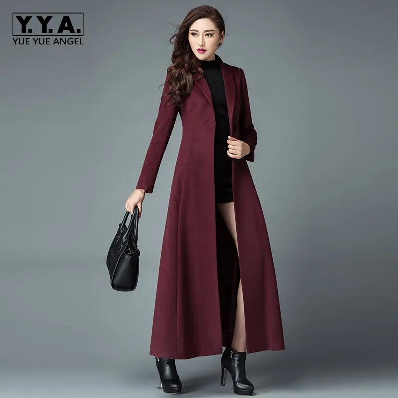 Hoge Kwaliteit Vrouwen Winter Maxi Lange Wollen Windjack Trenchcoat Single Botton Turn Down Kraag Office Lady Wollen Blends Jassen