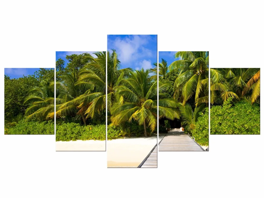 5 Pieces Coconut Tree Blue Sky And Beach Seascape Home Wall Decor Canvas Picture Art HD Print Painting On Artworks Frame | Дом и сад