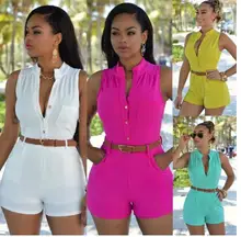 2017 New Women High waist Sexy Romper Trousers with belt Clubwear V-Neck Solid Short Sleeve 2017 New Women High waist Sexy Romper Trousers with belt Clubwear V-Neck Solid Short Sleeve