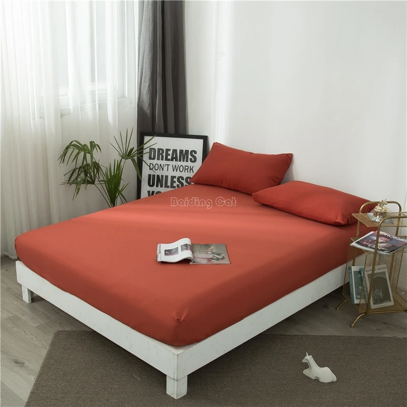 

Fashion Brick Red Solid Color Fitted Sheet 1pc Pure Color Soft Polyester Bed Sheet Mattress Cover Four Corners with Elastic Band