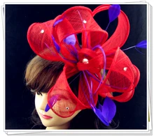 Envío libre tocados rojos con púrpura decoración de plumas, sombreros sinamay del fascinator de alta calidad, grandes sombreros de copas, MSF126