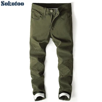 

Sokotoo Men's slim fit patchwork pleated pencil denim jeans Casual army gree khaki red pants