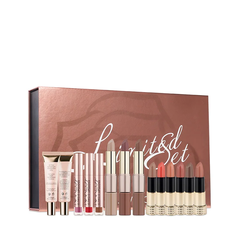 

14PCS/box Makeup Set cosmetics Primer Base + Highlighter + Lip Gloss + Lipstick + 2 in 1 lipgloss Cosmetics Kit Christmas Gift
