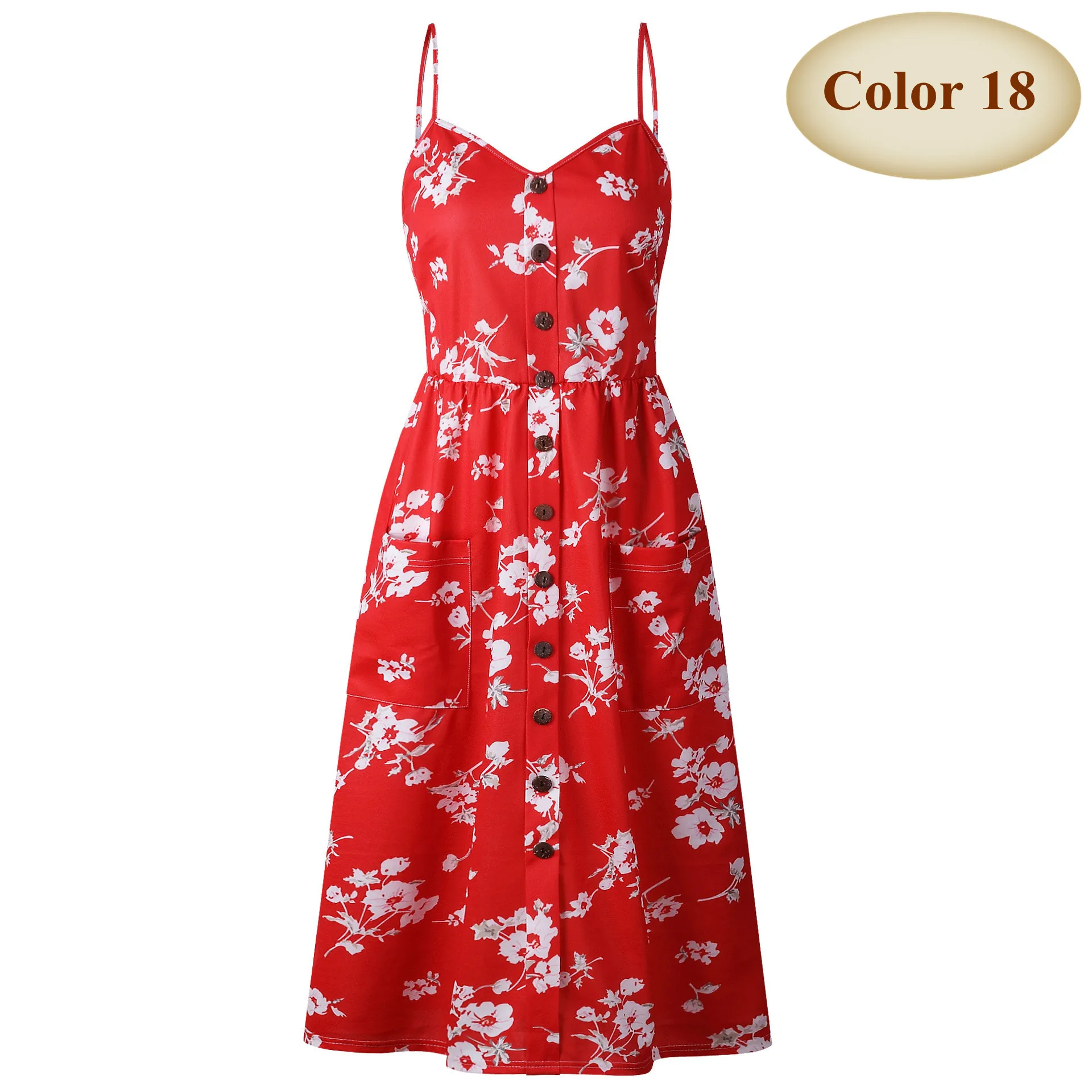 New Boho Off-shoulder Party Beach Sundress Spaghetti Long Dresses Plus Size Summer Women Button Decorated Print Dress CRRIFLZ - Цвет: Color 18