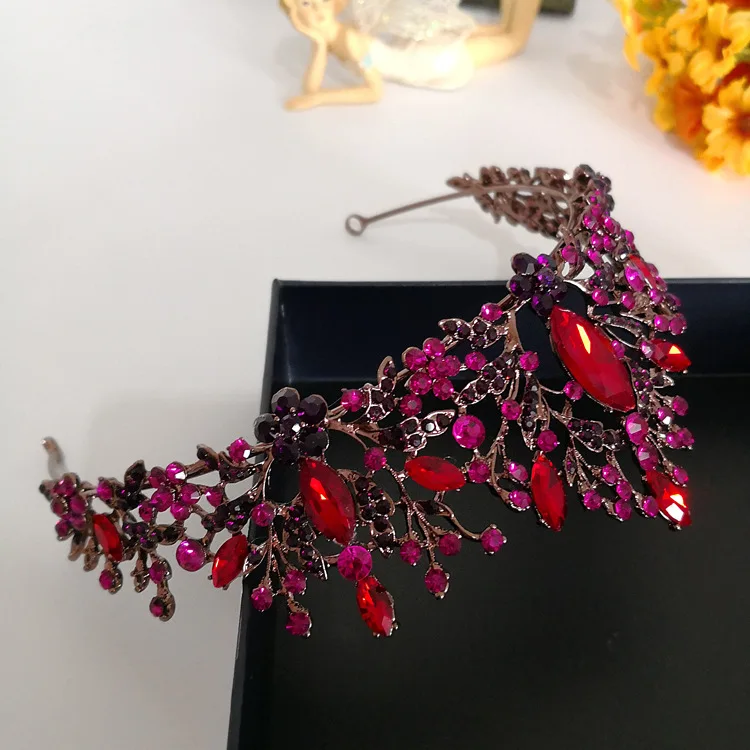 Свадебная Корона-Тиара в стиле барокко из бронзы, фиолетового и розового кристаллов, винтажные золотые аксессуары для волос, свадебные стразы, диадема, пышные короны