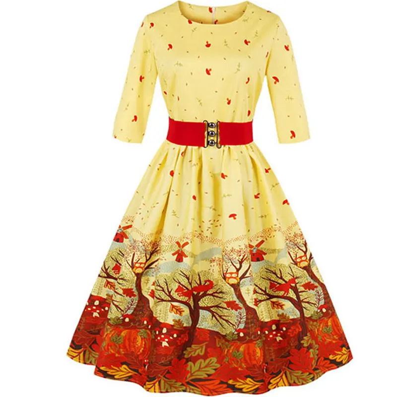

Joansam O-Neck Sashes Knee-Length Women Dresses With Three Quarter Ladys Dress Print Trees Leaves Swing Cheap Loose Women Dress