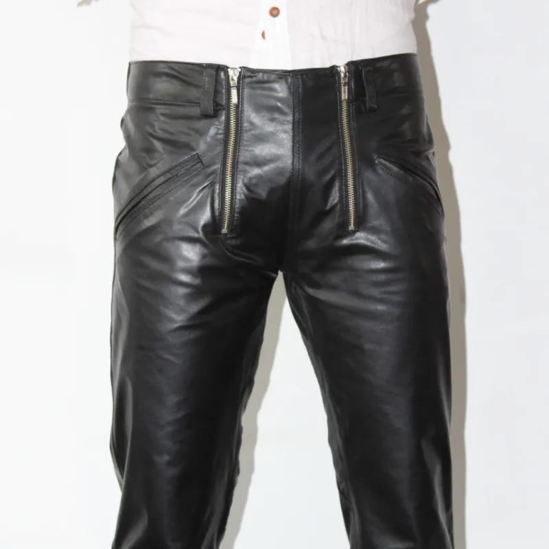 Брендовые модные мужские брюки-карандаш из натуральной овечьей кожи размера плюс Harajuku с двойной молнией дизайнерские мотоциклетные кожаные брюки