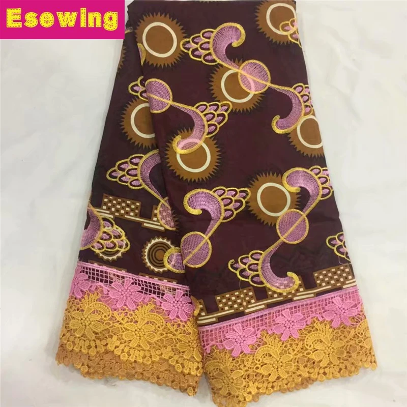 

Latest african wax lace fabric brown pink color design nigerian embroidery cord lace ankara wax fabric for woman party dress