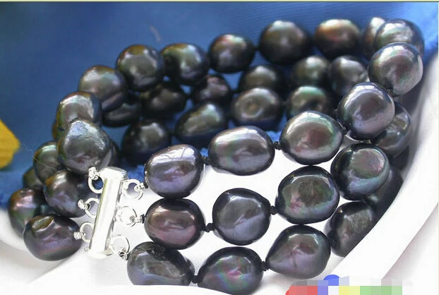 

3ROW 13MM BLACK BAROQUE FRESHWATER PEARL BRACELET 925SC P2080 @^Noble style Natural Fine jewe SHIPPING 5.25