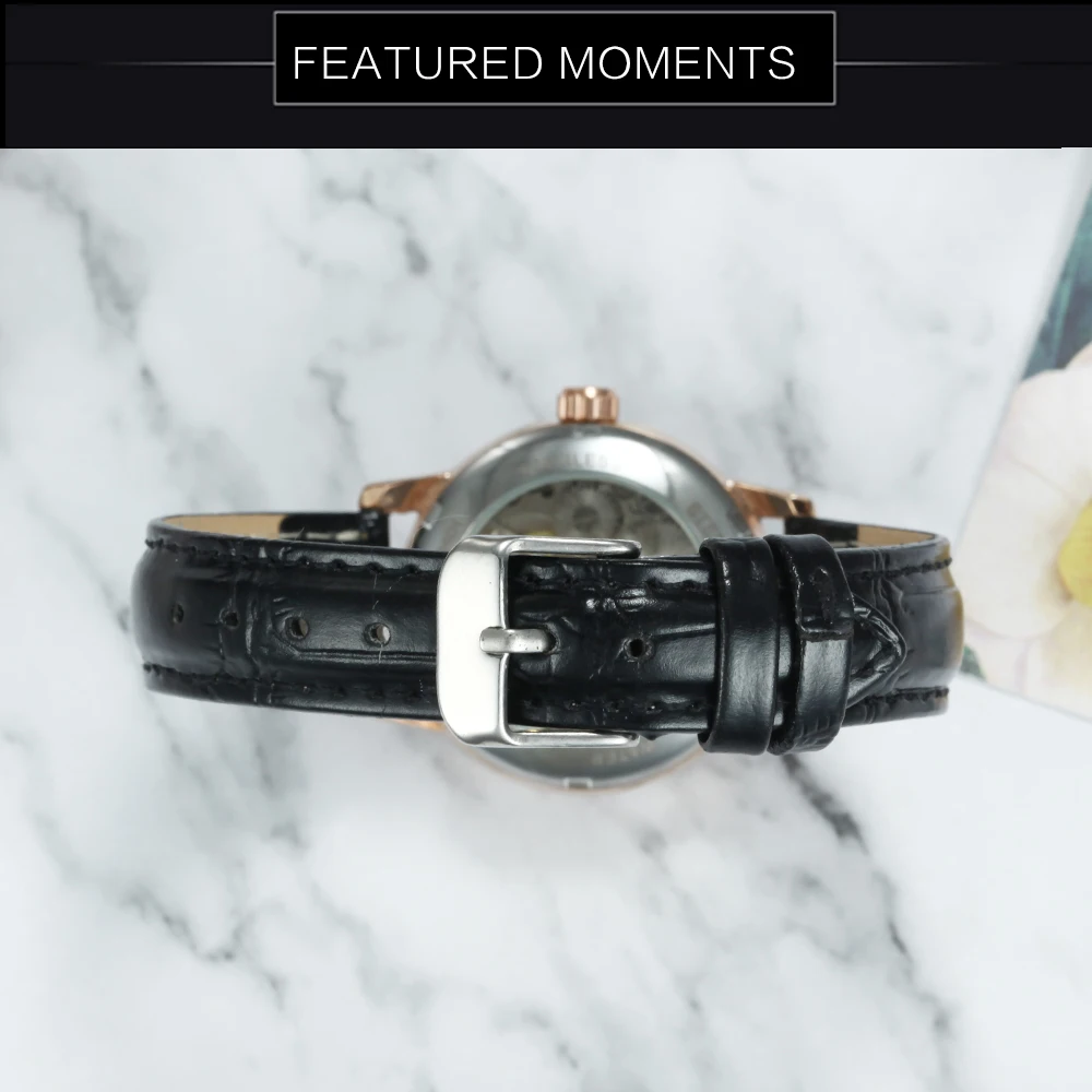 Победитель официальный элегантный для женщин часы Творческий Iced Out часы розовое золото Скелет циферблат кожаный ремешок дамы механические наручные часы