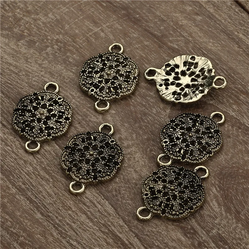 

20PCS 25x17.5mm Vintage Hollow Out Flower Charms DIY Jewelry Round Pendant fit Necklace Double Holes Connector Accessories