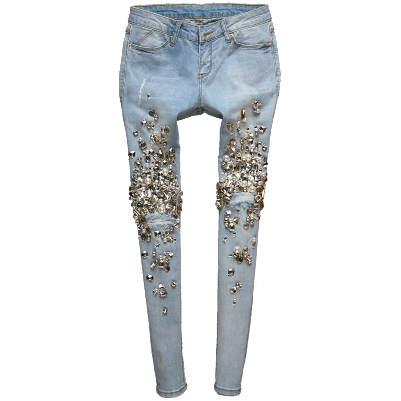 Denim Bling Vaqueros De Jeans High Street 00145 A Cristal Hecho Pantalones Mujer Diamantes Rasgado Lápiz Mano Vintage Agujeros gqwO1rg