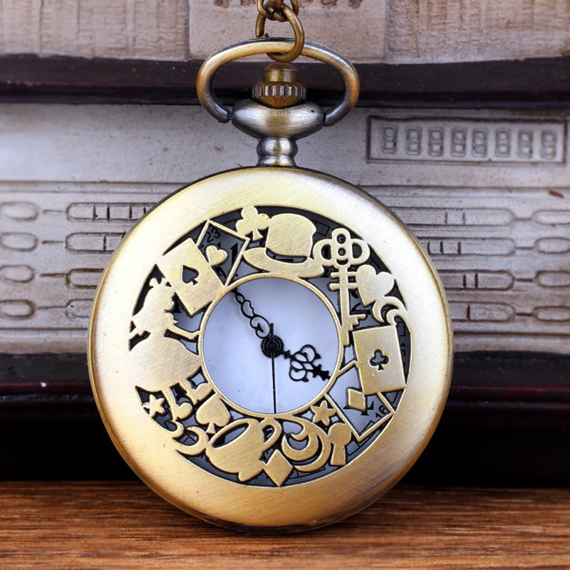 Quartz Pocket Watch Hollow Woman Hat Playing Cards Pendant Fob Watches with Necklace for Men Women 4