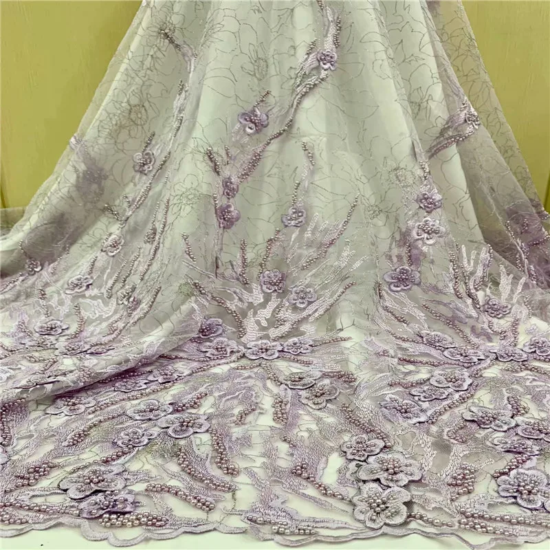 

New 3d Nigerian Net Tulle Lace Fabric 5 Yards Lilac Embroidery French High Quality Handmade Beaded Lace Fabric for Party A1452