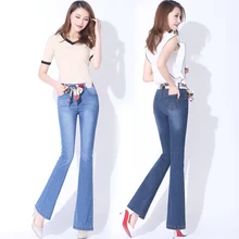 Демисезонный новые джинсы с высокой талией женский большой код рога брюки тонкие свободные штаны прямые расклешенные Штаны узкие джинсы