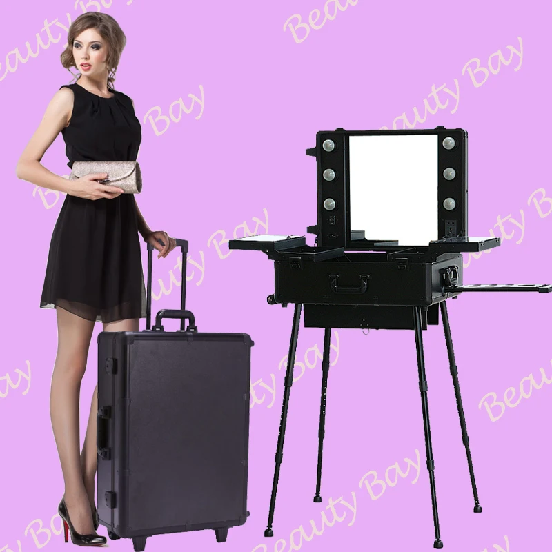 Aluminium trolley cosmetic case with lights mirror and stands, Makeup