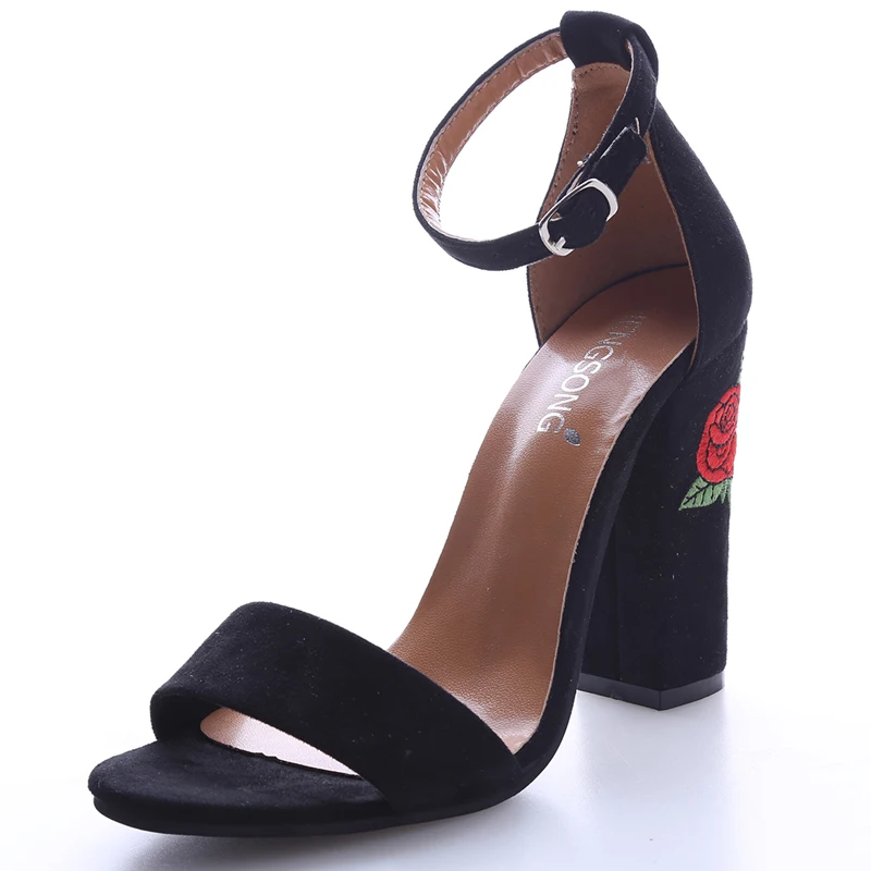 

2017 Fashion Faux Suede Women Sandals Embroider High Heel Women Sandals Ethnic Floral Party Shoes Plus Size Flower Embroider