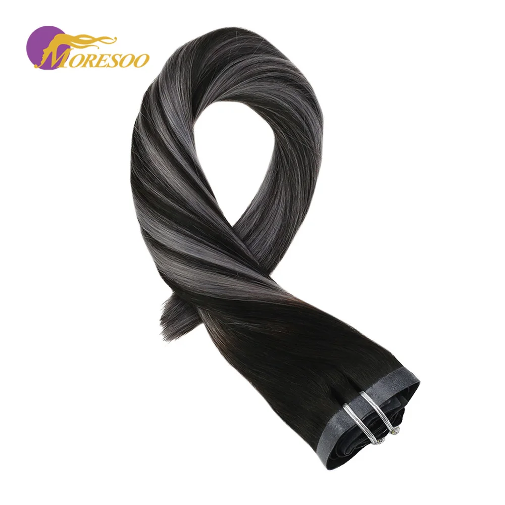 

Moresoo Seamless PU Clip in Human Hair Extension Off Black #1B Mixed with Silver Color Real Remy Hair 7PCS 100G Full Head Set