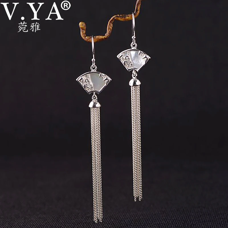 

V.YA New 925 Sterling Silver Dangle Earrings Fan Shape Bamboo Leave Pattern Long Tassel Drop Earrings For Women Jewelry