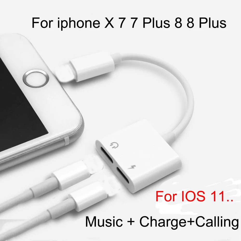 Koop 2 in 1 Dual Jack Aux Adapter Wit Splitter Kabel Voor iphone 8 7 Plus Opladen + Audio Ondersteuning Mic oproep Voor iphone X XS Max XR