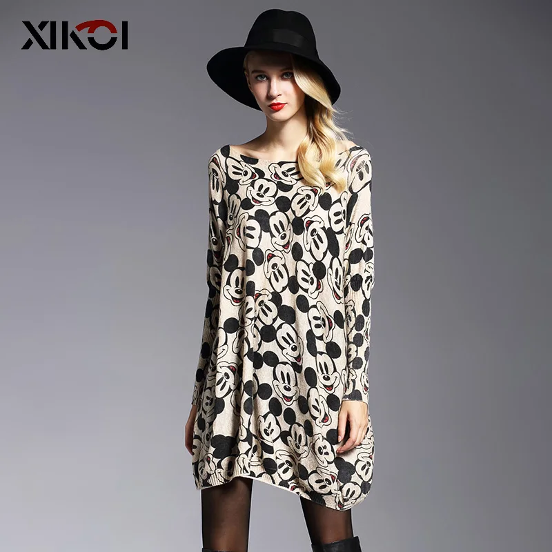 XIKOI Oversize Sweater Women Fashion Long Batwing Sleeve Print Woman Casual Pullovers Knitted Sweaters For Clothes | Женская одежда